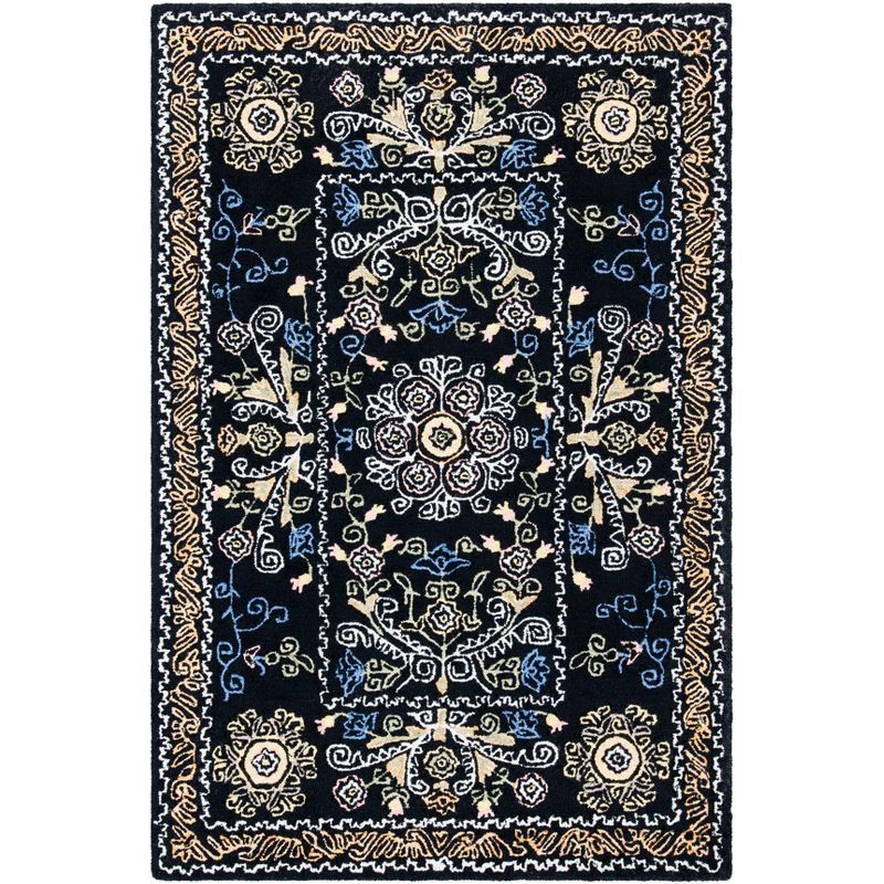 Handmade Black and Green Wool Floral Area Rug, 2' x 3'