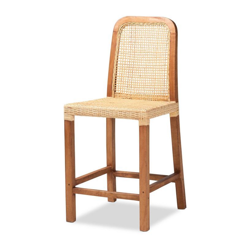 Caspia Mid-Century Walnut Brown Wood & Natural Rattan Counter Stool