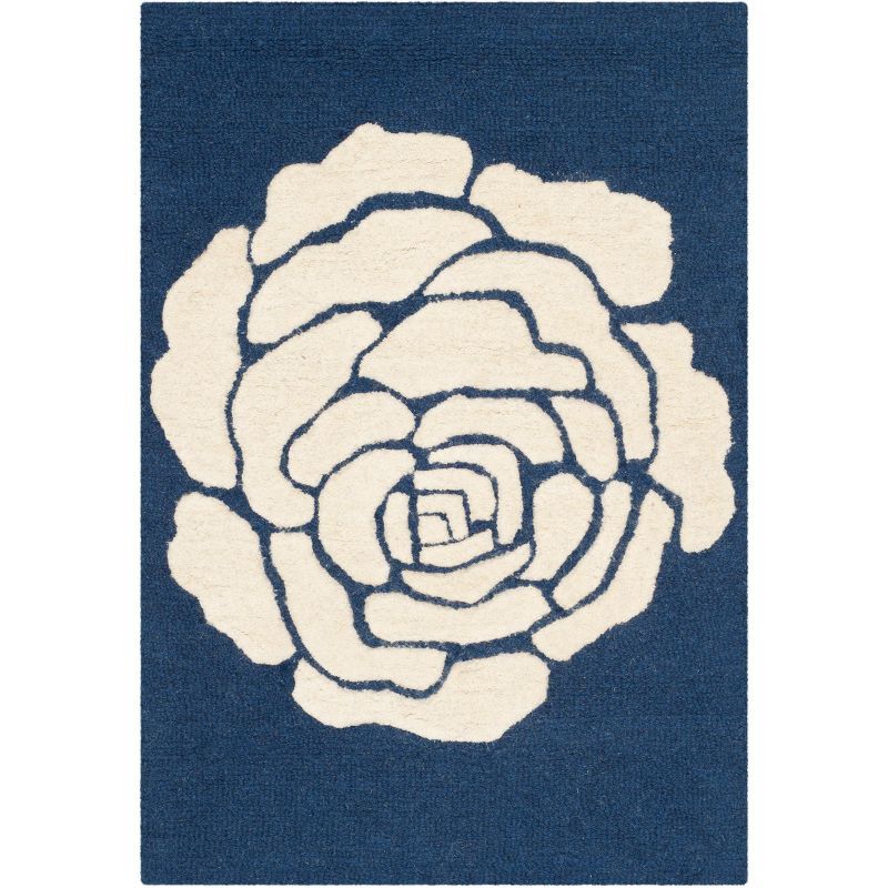 Navy and Ivory Floral Hand-Tufted Wool Area Rug, 2' x 3'