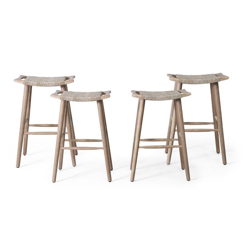 Light Brown Acacia Wood and Wicker Outdoor Bar Stools, Set of 4