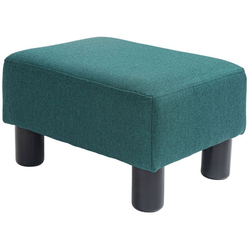 Green Linen Fabric Pouf Footrest Ottoman with Wooden Legs