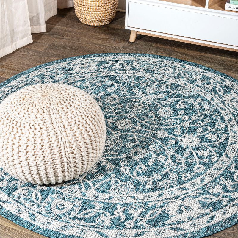 Teal & Gray Vine Border 5' Round Synthetic Outdoor Rug