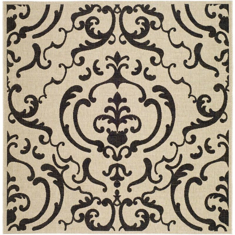 Sand and Black Floral Motif Square Indoor/Outdoor Rug