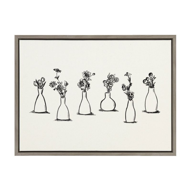 Gray Framed Canvas with Black and White Floral Vases, 26.69 x 21.63 in