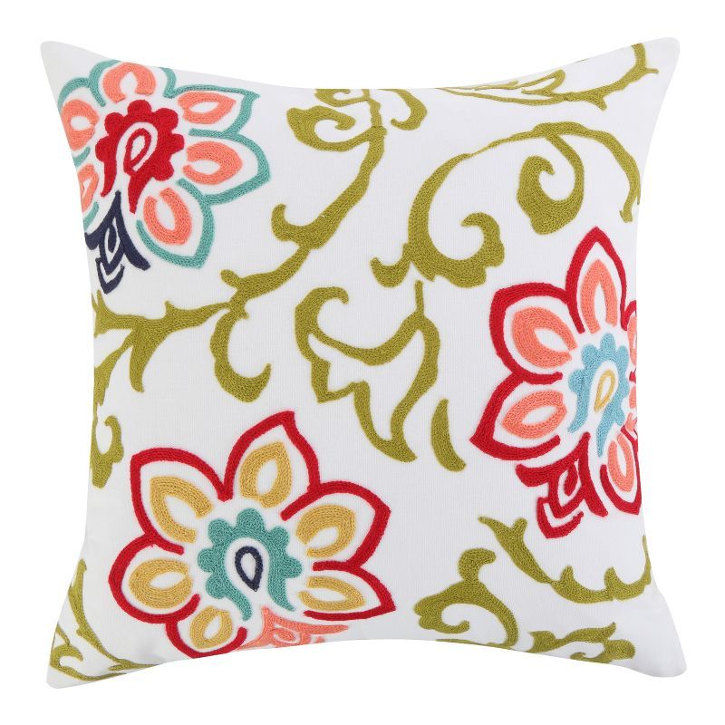 18" Multicolor Embroidered Floral Feather Throw Pillow