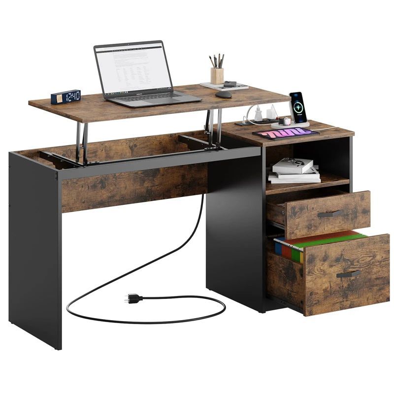 Rustic Brown Adjustable Height Computer Desk with Power Outlets and Drawers