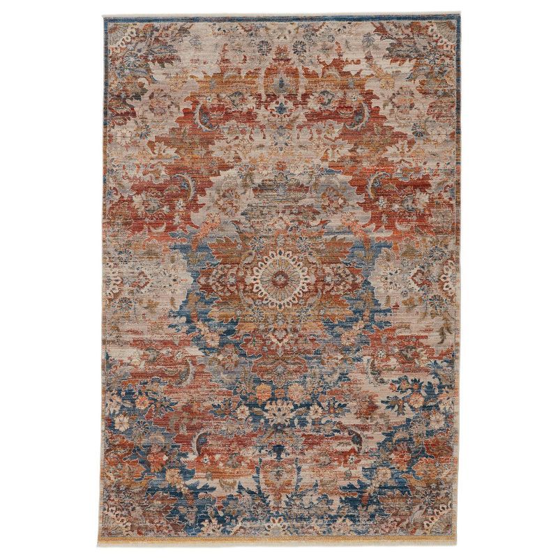 Reversible Terra Medallion Blue and Orange Wool Blend Area Rug, 47"x60"