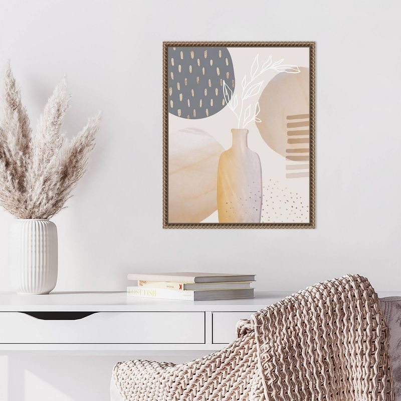 Mid-Century Floral II Beige and Gray Canvas Print with Bronze Frame