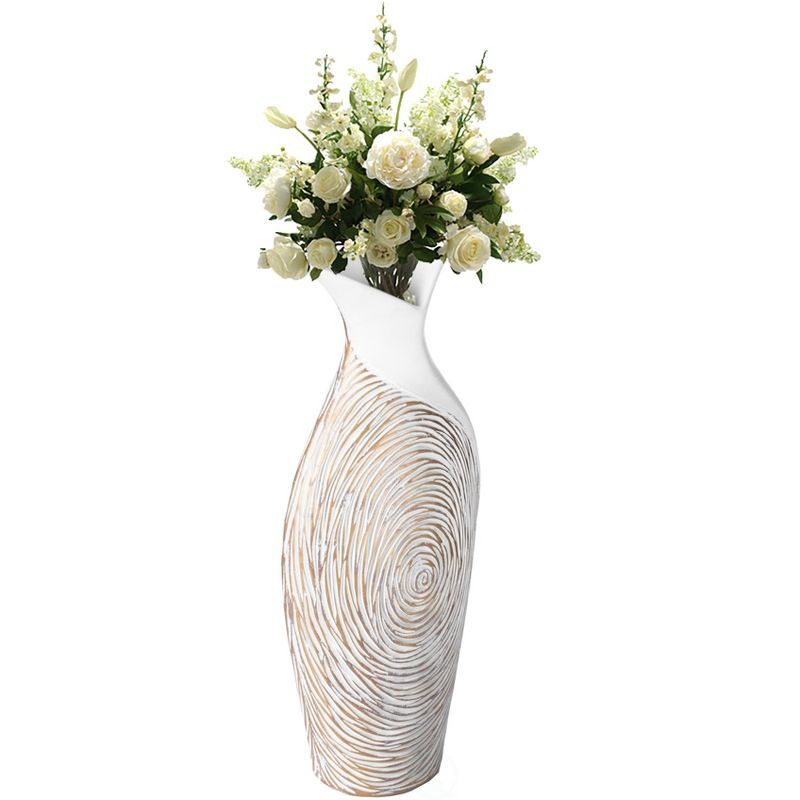 17.5-inch White and Gold Ribbed Ceramic Table Vase