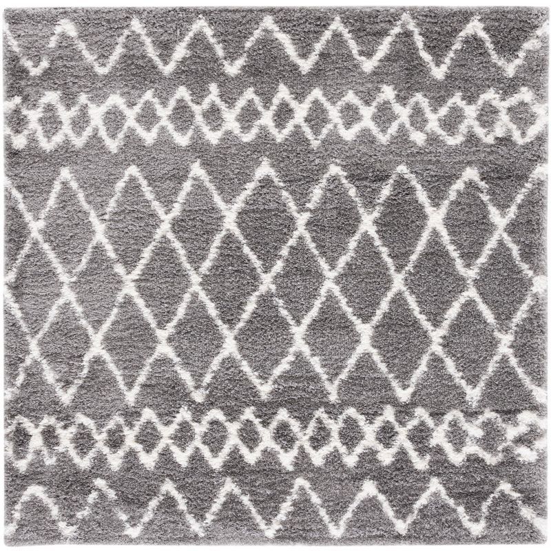 Gray and Cream Square Shag Rug with Geometric Pattern