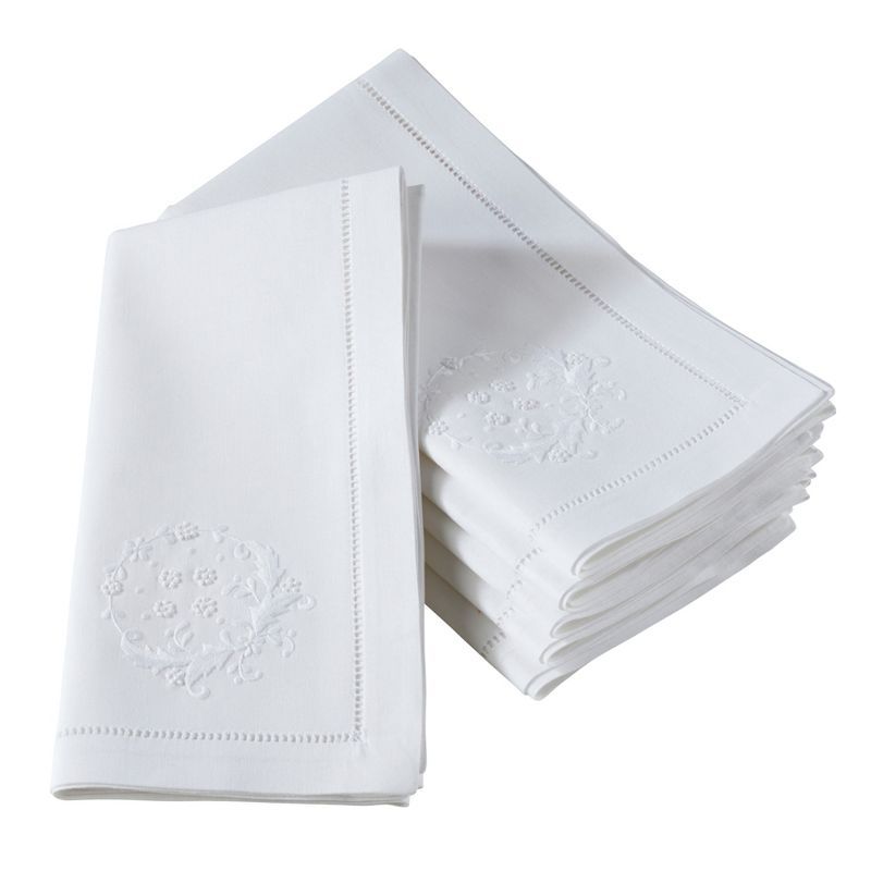 White Cotton Embroidered Flower Hemstitch Napkins, Set of 6