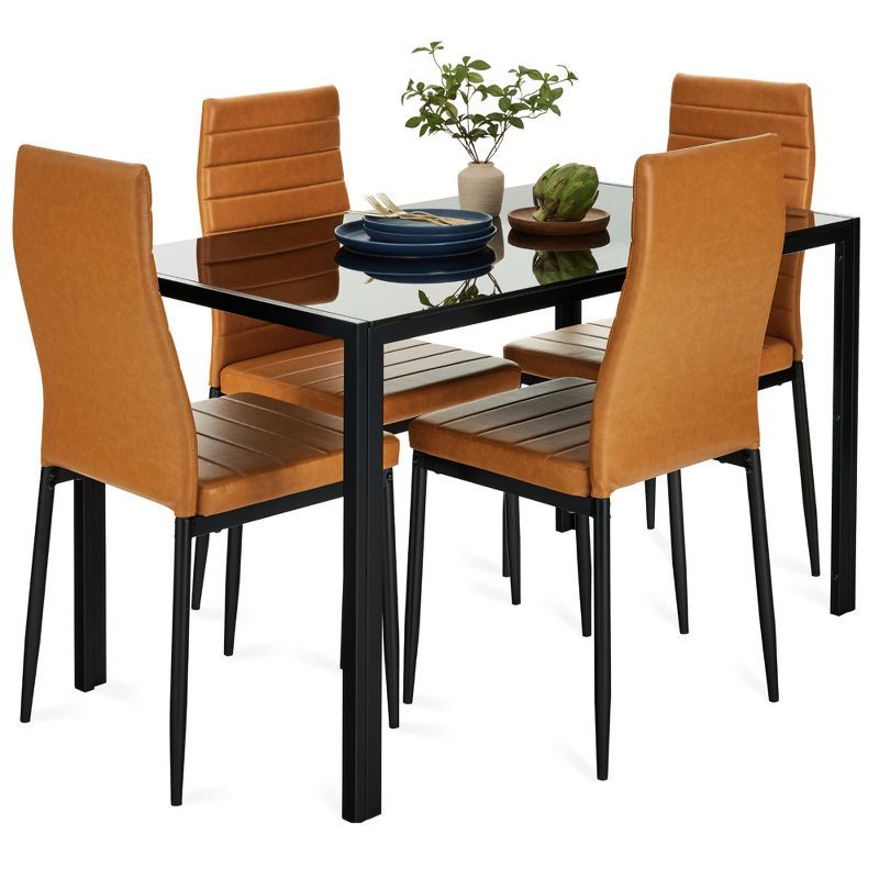 Modern Black Glass Square Dining Table Set with 4 Faux Leather Chairs