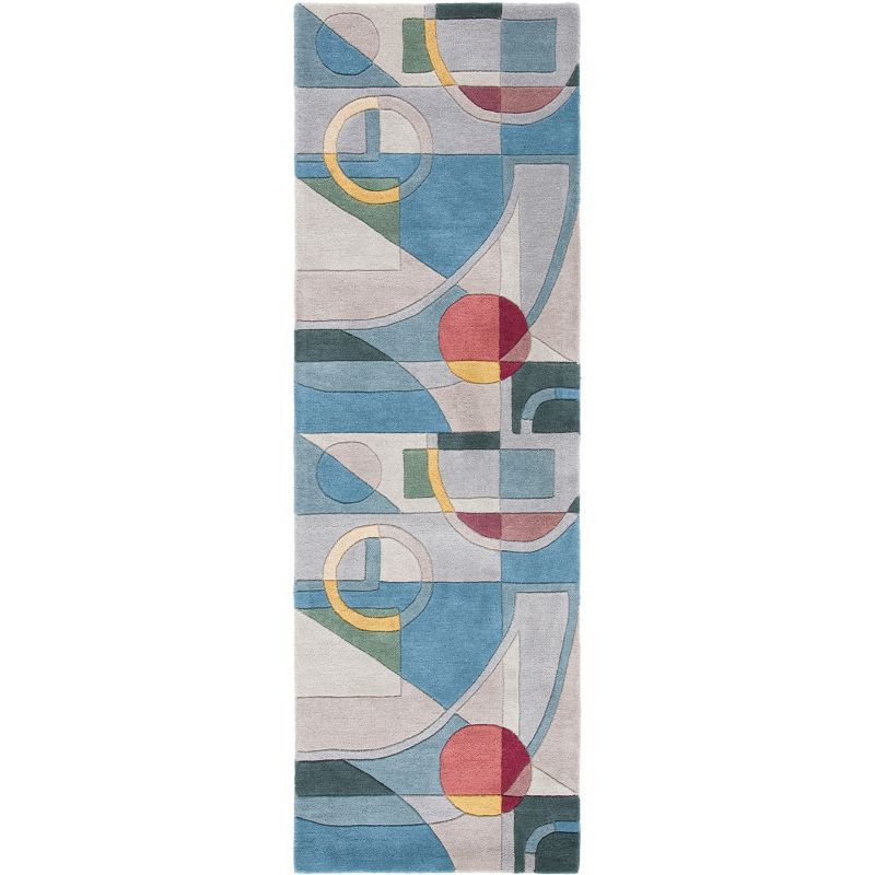 Handmade Blue Wool Abstract Runner Rug 2'6" x 12'