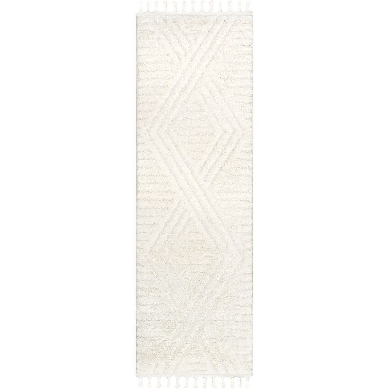 Ivory Geometric Shag Runner Rug with Tassels