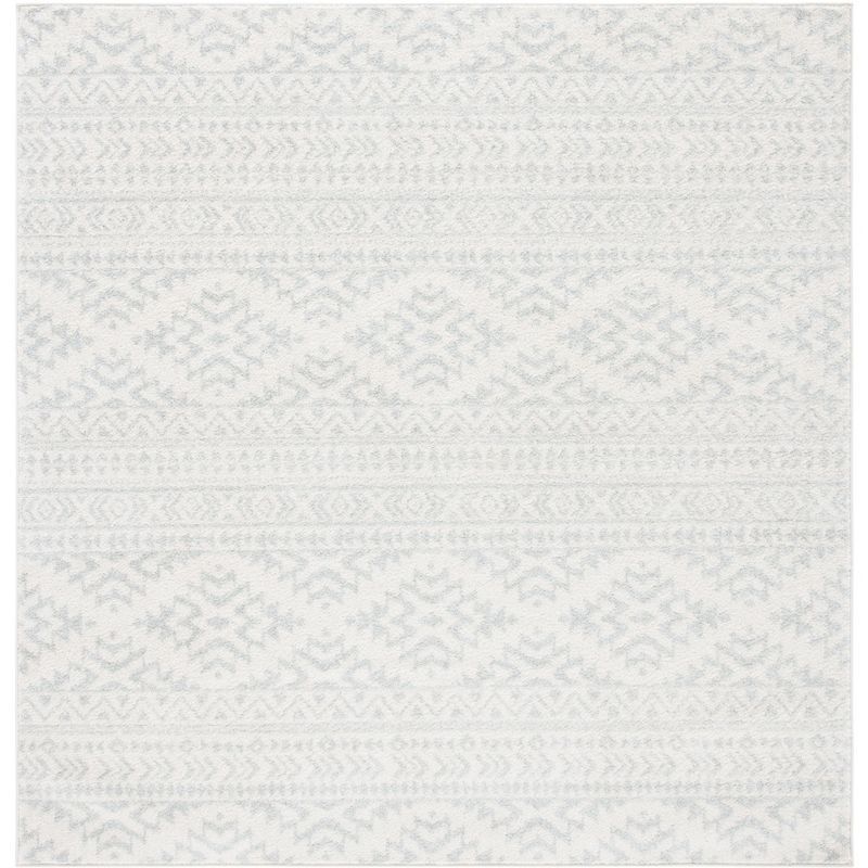 Ivory and Light Grey Geometric 3' Square Synthetic Area Rug