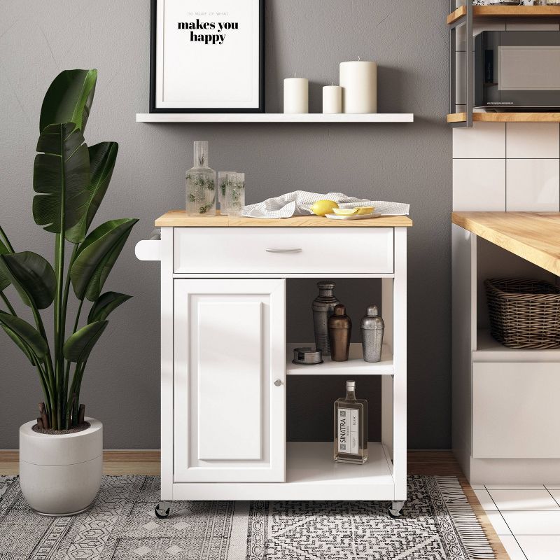 White Pinewood Kitchen Cart with Storage and Wheels