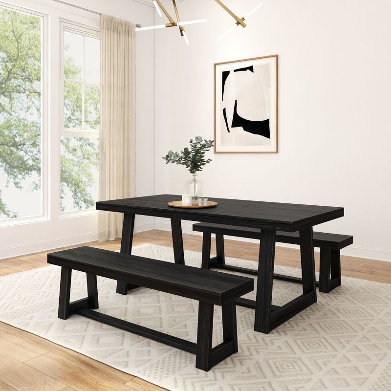 Black Wirebrush Solid Pine Farmhouse Dining Table Set with Benches