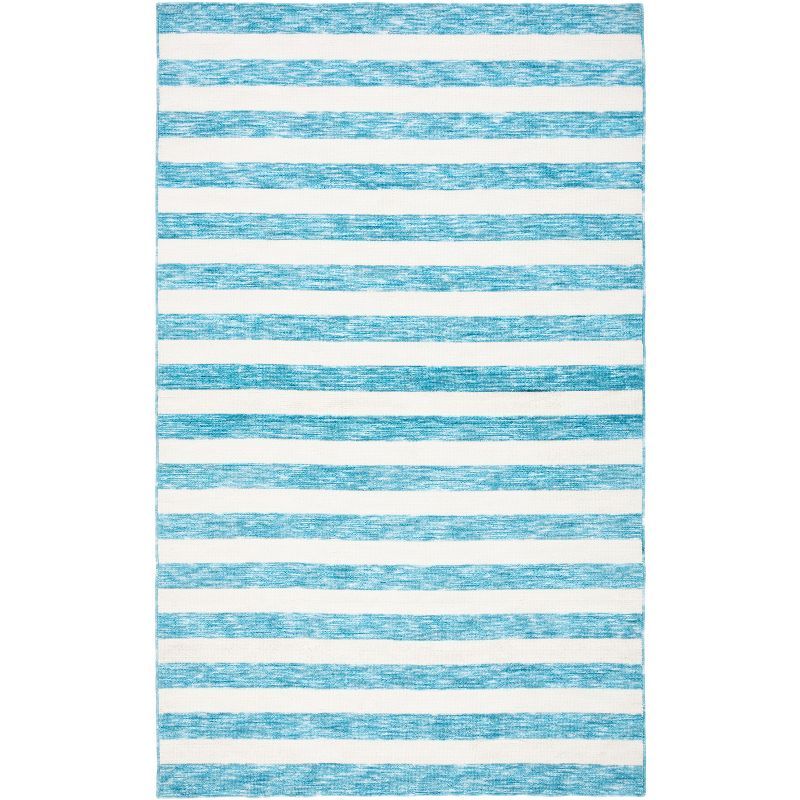 Blue and Ivory Striped Synthetic 4' x 6' Washable Rug