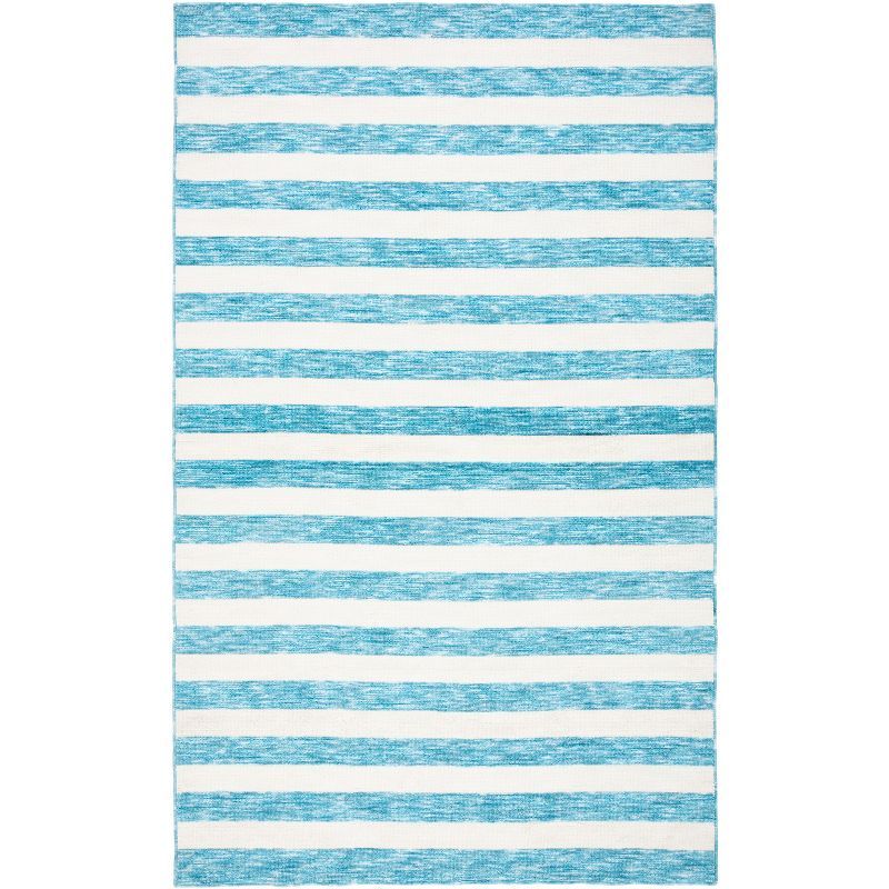 Blue and Ivory Striped Synthetic 4' x 6' Washable Rug