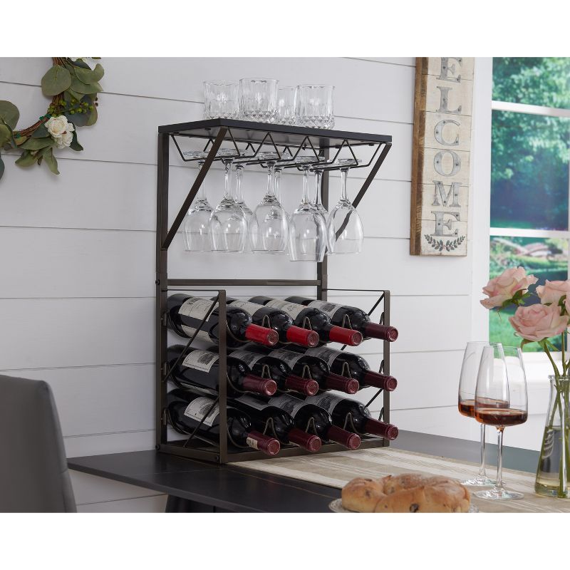 Pewter and Marble 12-Bottle Countertop Wine Rack with Glass Holder