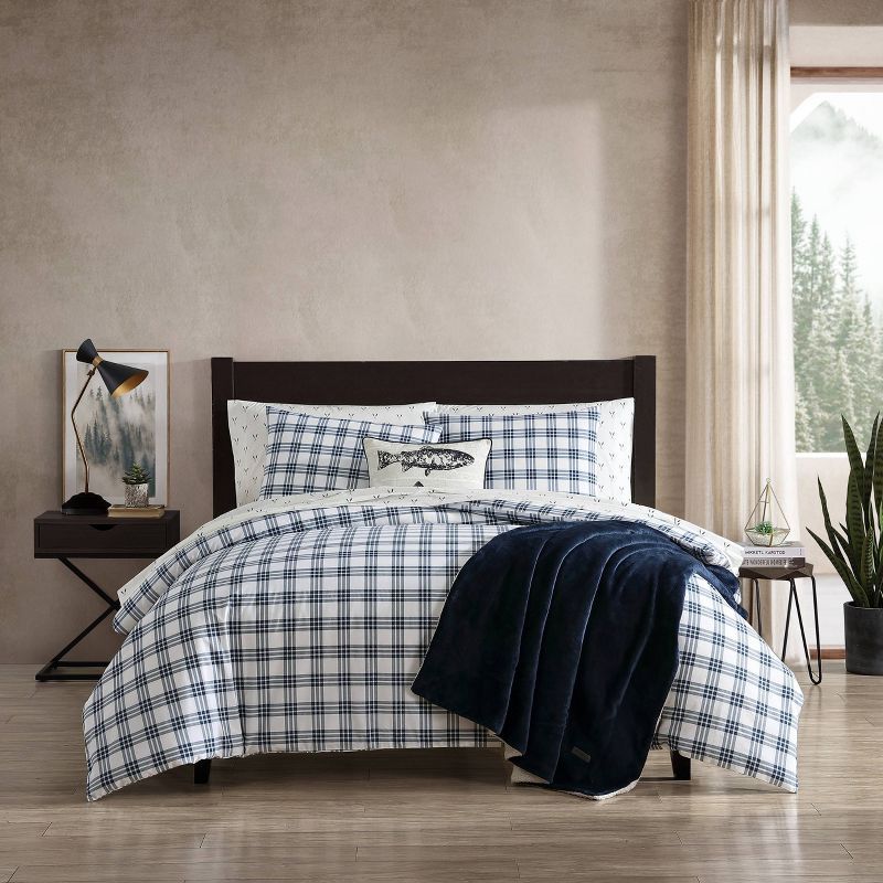 Navy Blue Plaid Cotton Full/Queen Duvet Set with Shams