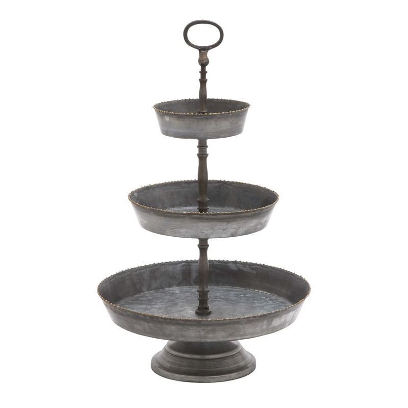 Gray Metal and Wood 3-Tier Round Server with Beaded Perimeter