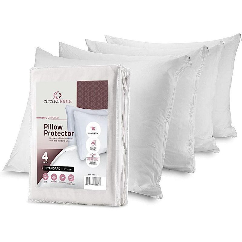 Standard White Cotton Hypoallergenic Pillow Protectors with Zipper, 4 Pack