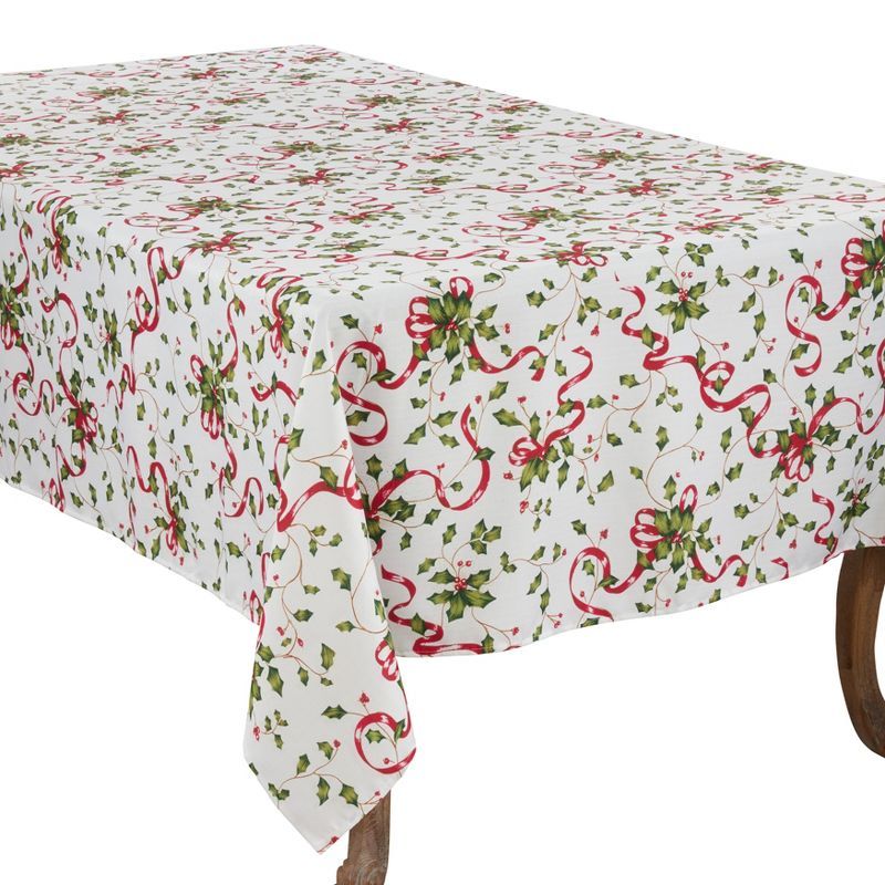 Festive Holly and Ribbon Design Christmas Tablecloth, 60 x 104 inches