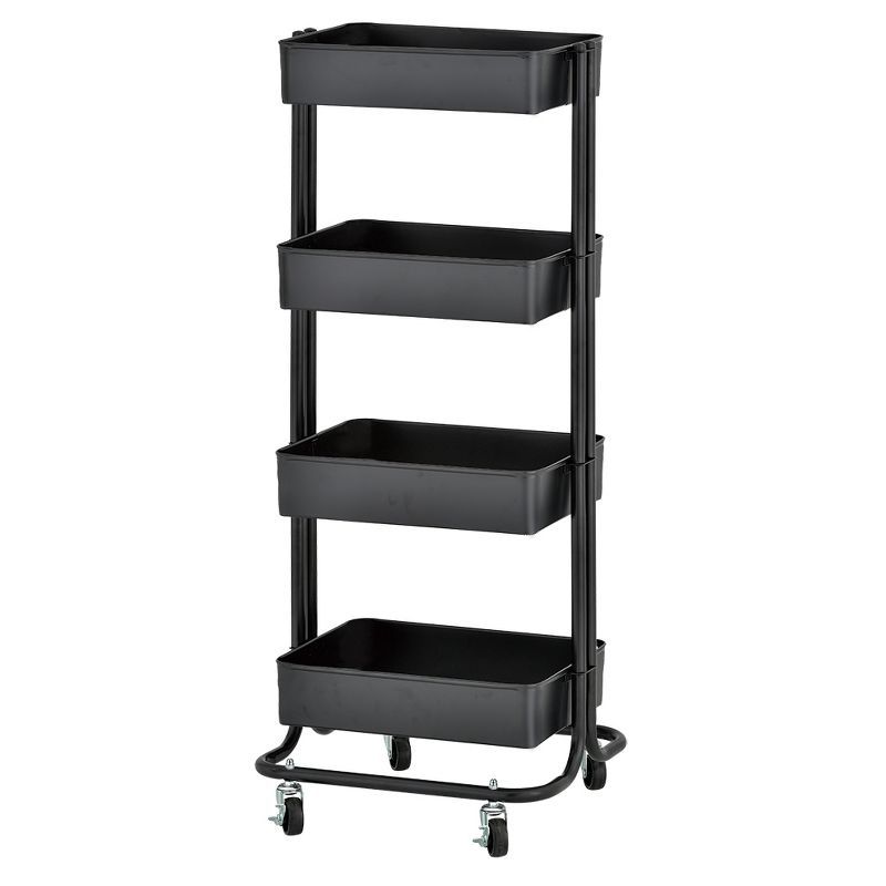 Black 4-Tier Metal Rolling Utility Cart with Mesh Baskets