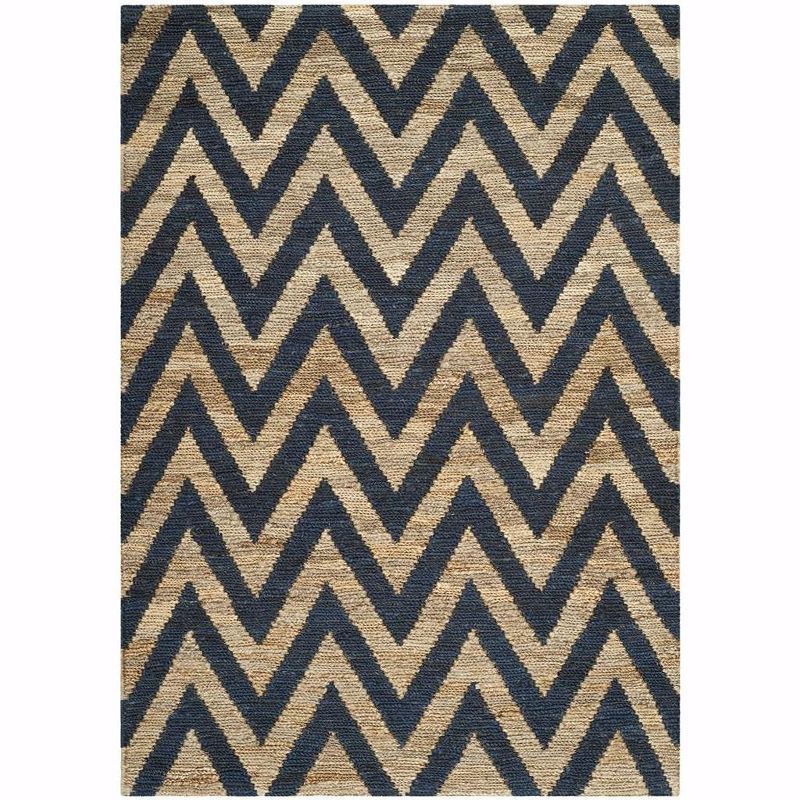 Hand-Knotted Blue and Natural Jute Chevron Area Rug 4' x 6'