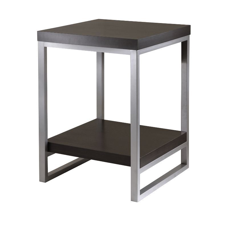 Transitional Dark Brown Square End Table with Steel Frame