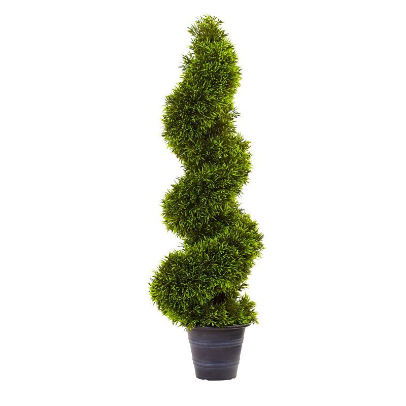 3' Green Plastic Grass Spiral Topiary with Black Planter