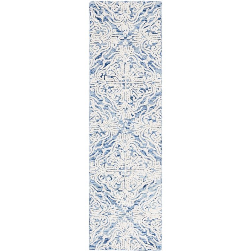 Blossom Blue and Ivory Floral Wool Runner Rug