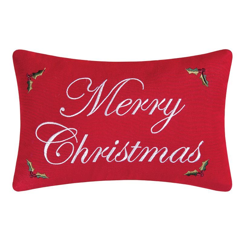 Red Rectangular Embroidered Merry Christmas Throw Pillow