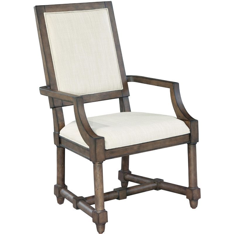 White Linen Upholstered Arm Chair with Wood Frame