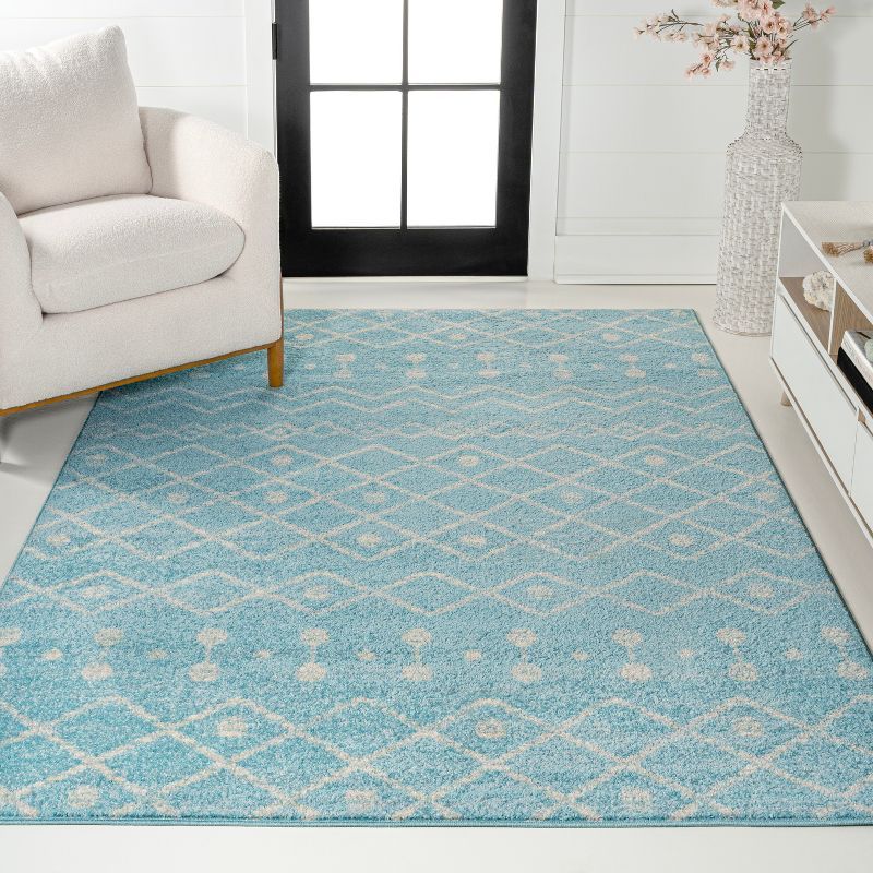 Turquoise and Cream Moroccan Synthetic Area Rug, 5'3" x 7'7"