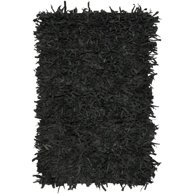 Luxurious Black Leather Hand-Knotted Shag Rug, 3' x 5'