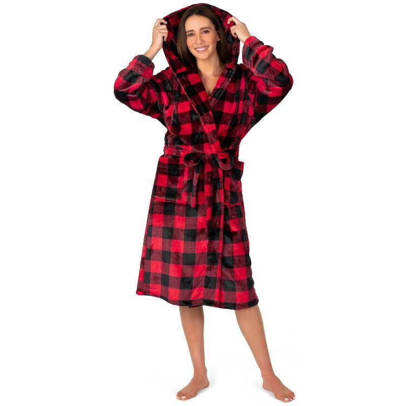 Red and Black Checkered Fleece Hooded Bathrobe