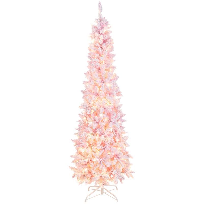 7ft Pink Snow Flocked Pre-Lit Pencil Christmas Tree with LED Lights