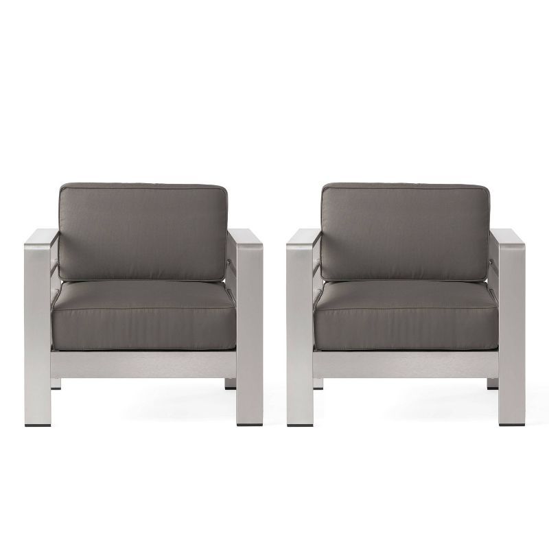 Gray Aluminum Outdoor Club Chairs with Cushions, Set of 2