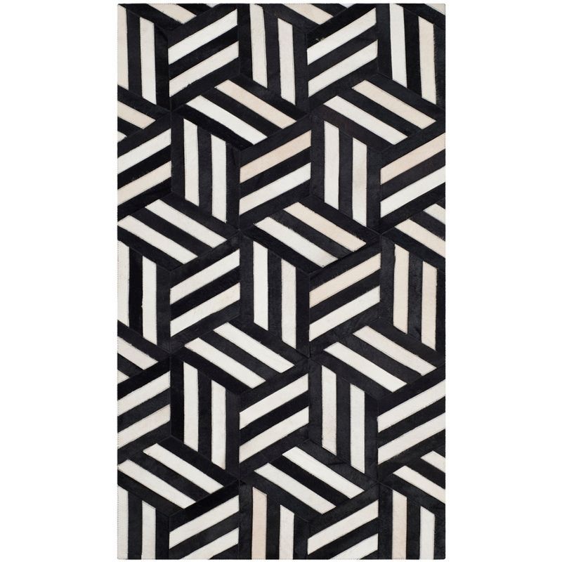 Ivory and Black Hand-Knotted Geometric Cowhide Area Rug