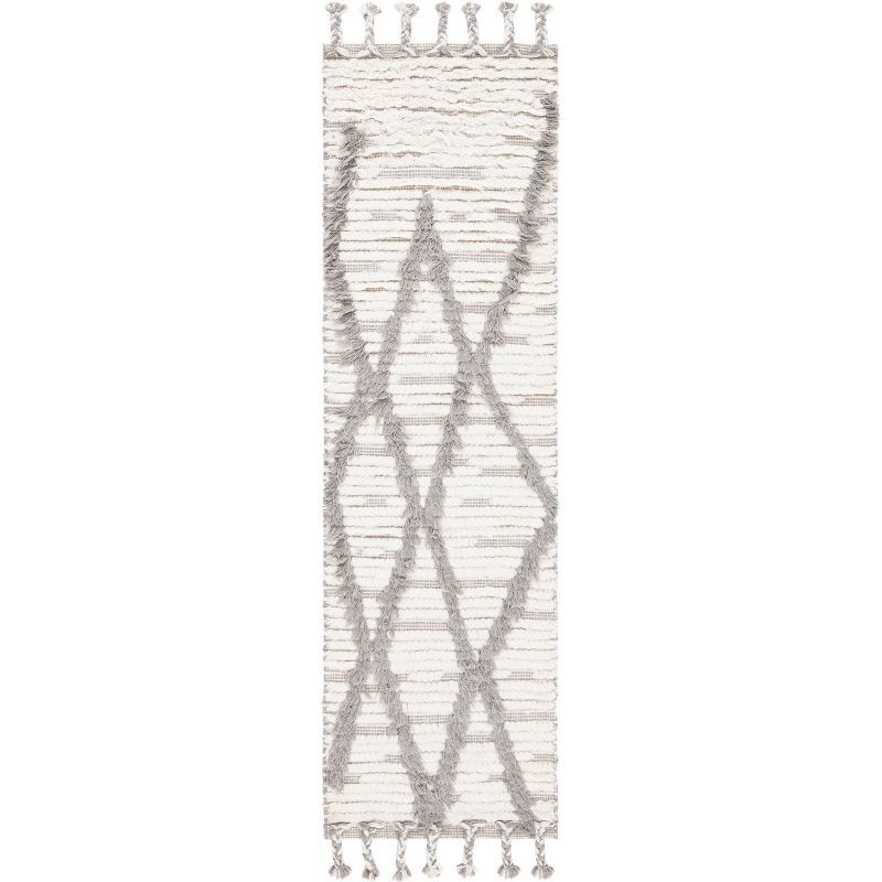 Ivory and Grey Hand-Knotted Wool Runner Rug