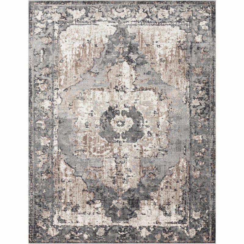 Ivory and Charcoal Medium Pile Synthetic Rectangular Area Rug