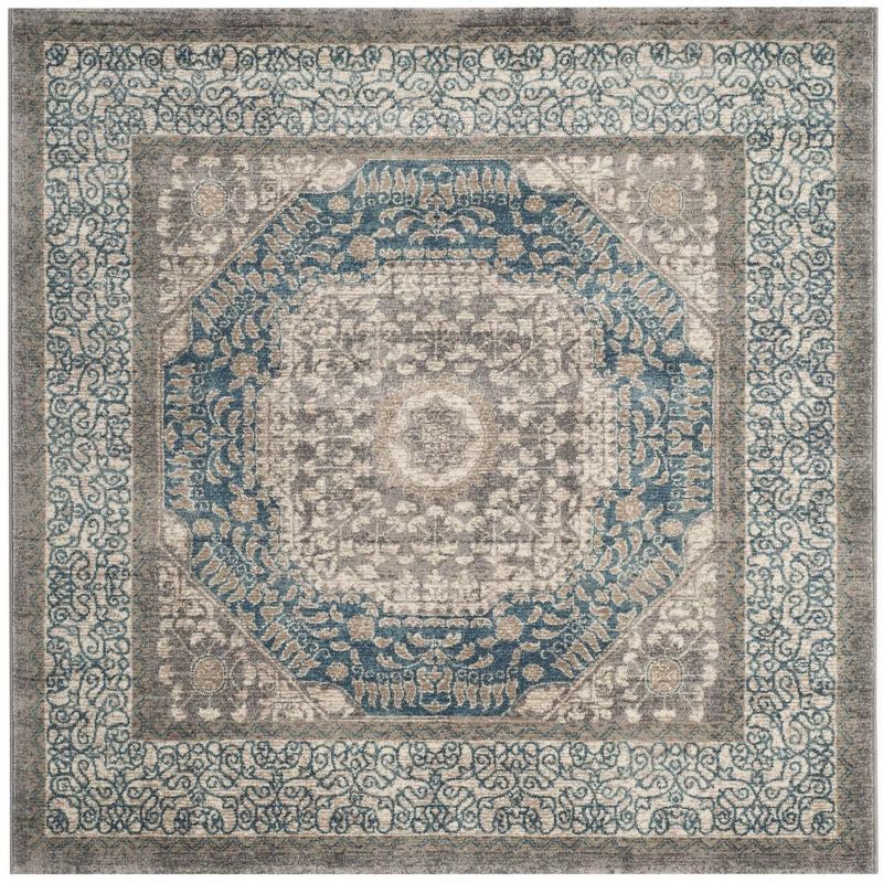 Light Grey and Blue Floral Motif Square Area Rug