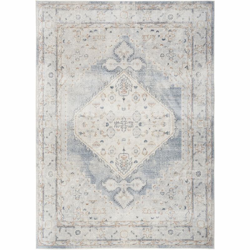 Light Blue Vintage Medallion Washable Synthetic Area Rug 5' x 7'