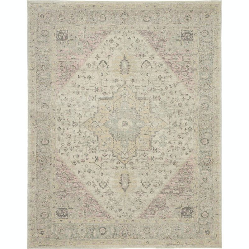 Ivory and Pink Synthetic Rectangular 9' x 12' Area Rug