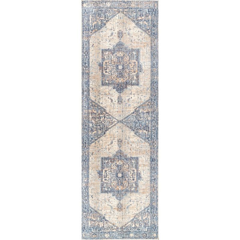 Light Blue and Beige Synthetic Medallion Runner Rug, 2' 6" x 12'