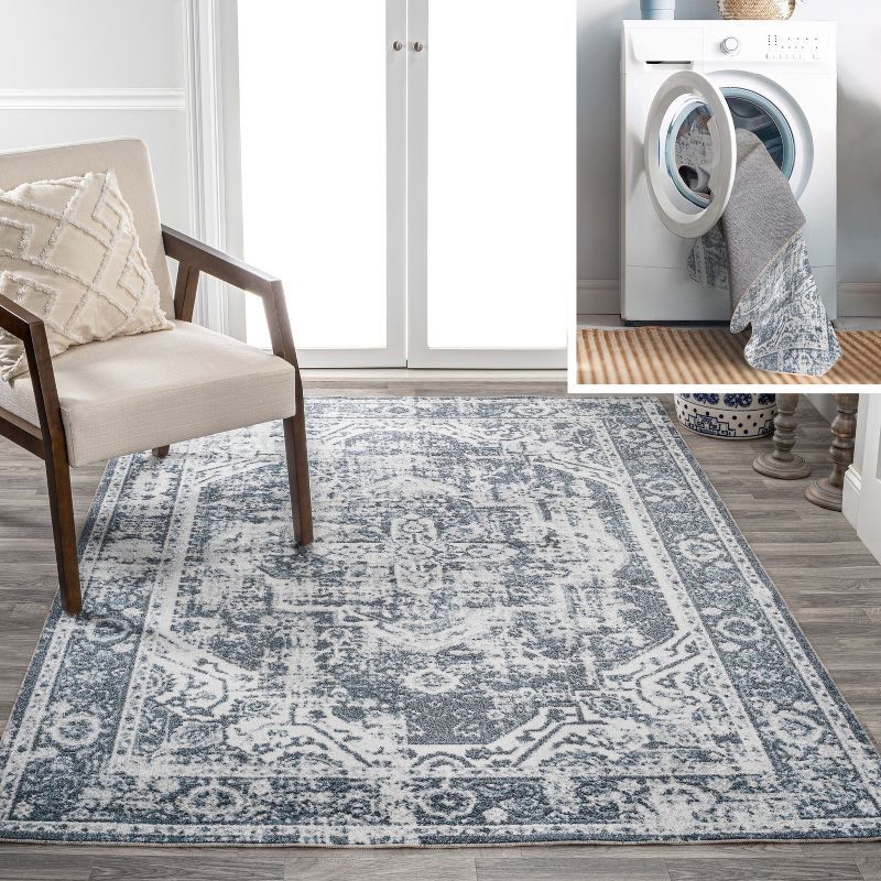 Keesha Blue and Cream Medallion Washable Area Rug 5'3" x 7'7"