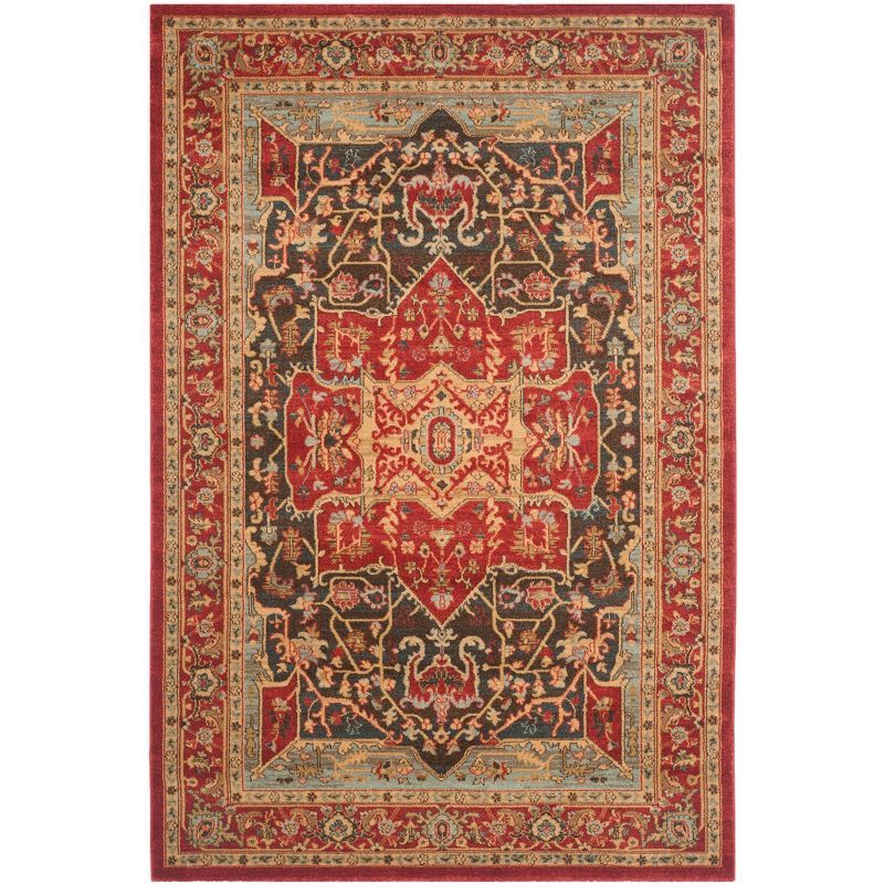 Red and Beige Round Stain-Resistant Synthetic Area Rug