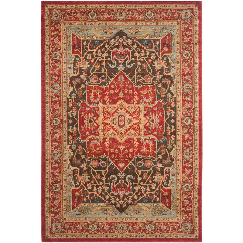 Red and Beige Round Stain-Resistant Synthetic Area Rug